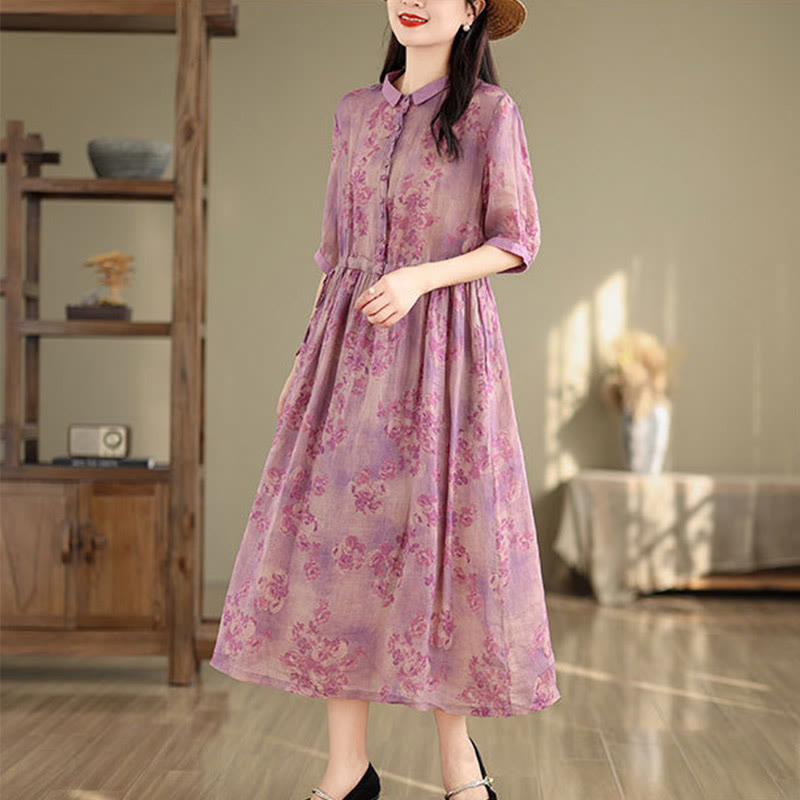 Nimara Ritual Retro Printing Floral Pattern Drawstring Design Half Sleeve Cotton Midi Dress With Pockets