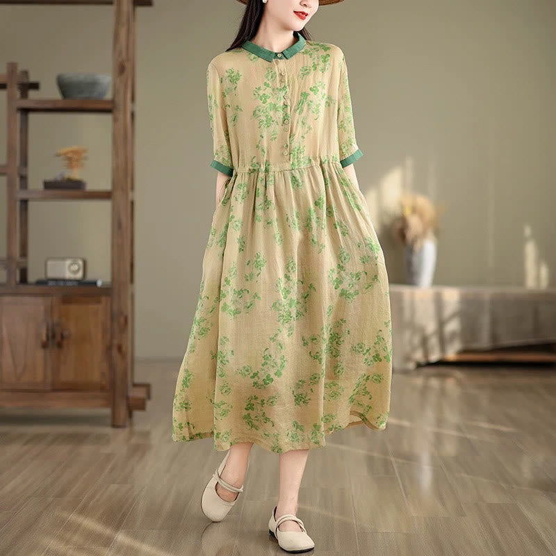 Nimara Ritual Retro Printing Floral Pattern Drawstring Design Half Sleeve Cotton Midi Dress With Pockets