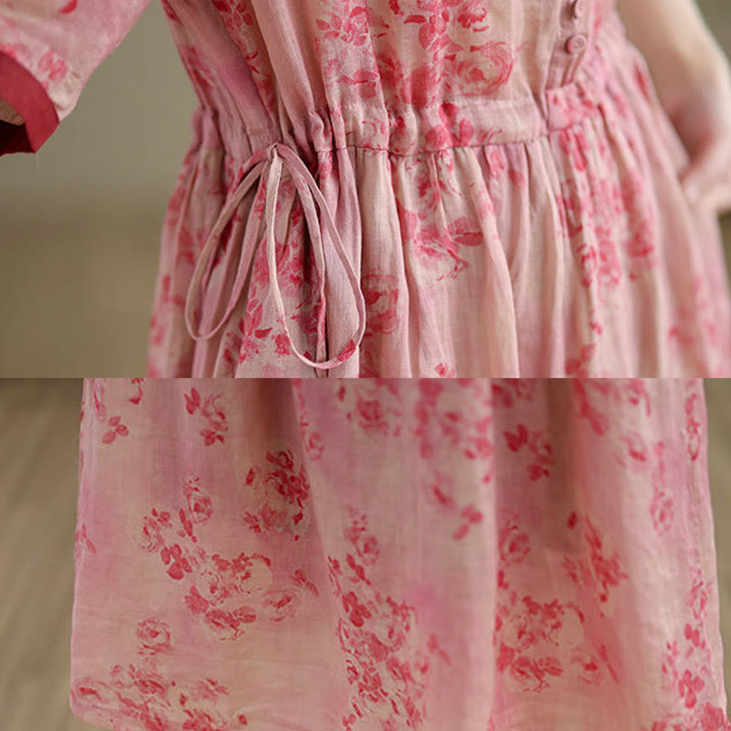 Nimara Ritual Retro Printing Floral Pattern Drawstring Design Half Sleeve Cotton Midi Dress With Pockets