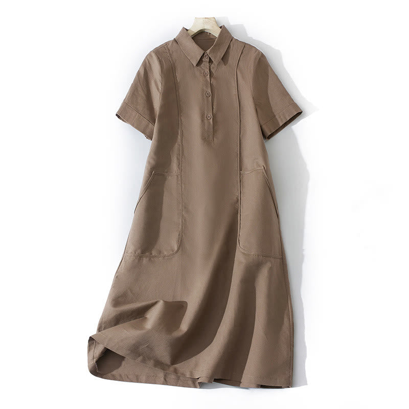 Nimara Ritual Summer Retro Solid Color Button Design Short Sleeve Cotton Midi Dress With Pockets