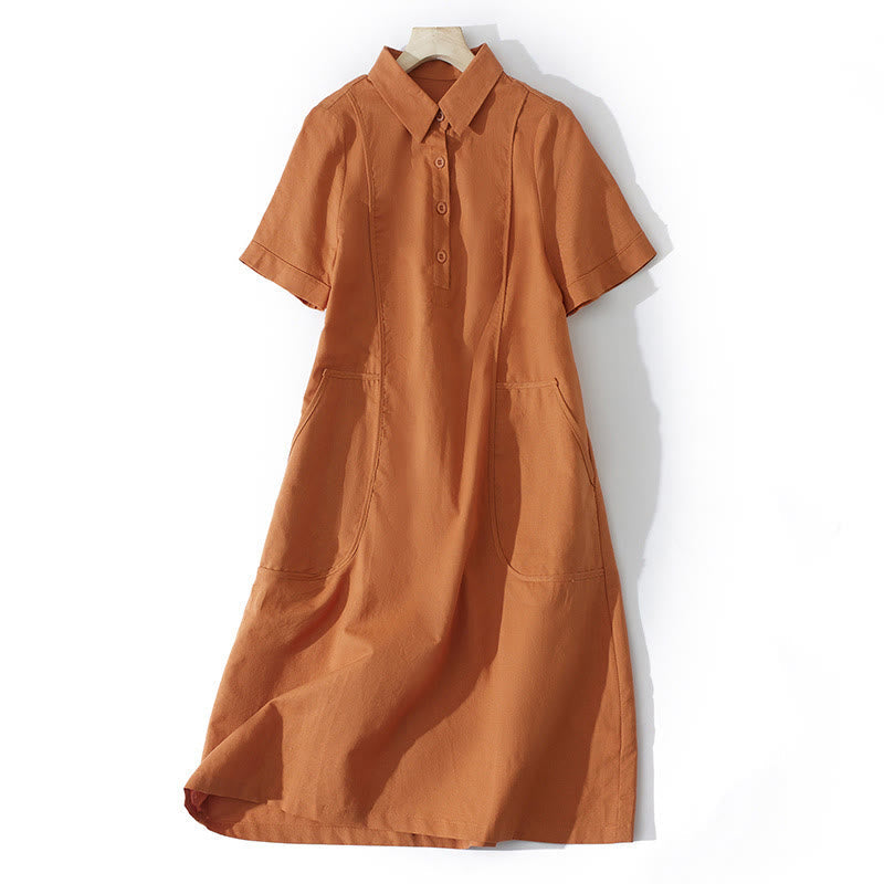 Nimara Ritual Summer Retro Solid Color Button Design Short Sleeve Cotton Midi Dress With Pockets