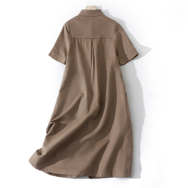 Nimara Ritual Summer Retro Solid Color Button Design Short Sleeve Cotton Midi Dress With Pockets