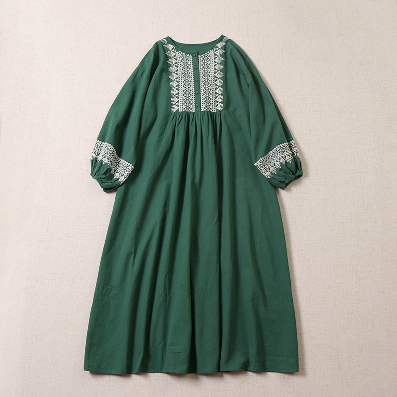 Nimara Ritual Casual Artistic Geometric Embroidery Button Front Long Lantern Sleeve Midi Dress
