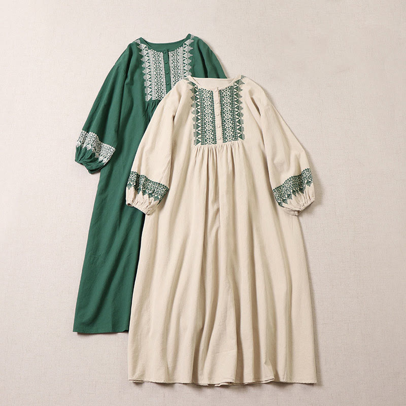 Nimara Ritual Casual Artistic Geometric Embroidery Button Front Long Lantern Sleeve Midi Dress