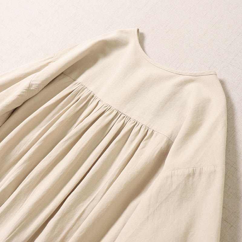 Nimara Ritual Casual Artistic Geometric Embroidery Button Front Long Lantern Sleeve Midi Dress
