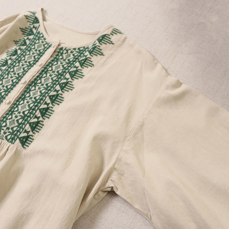 Nimara Ritual Casual Artistic Geometric Embroidery Button Front Long Lantern Sleeve Midi Dress