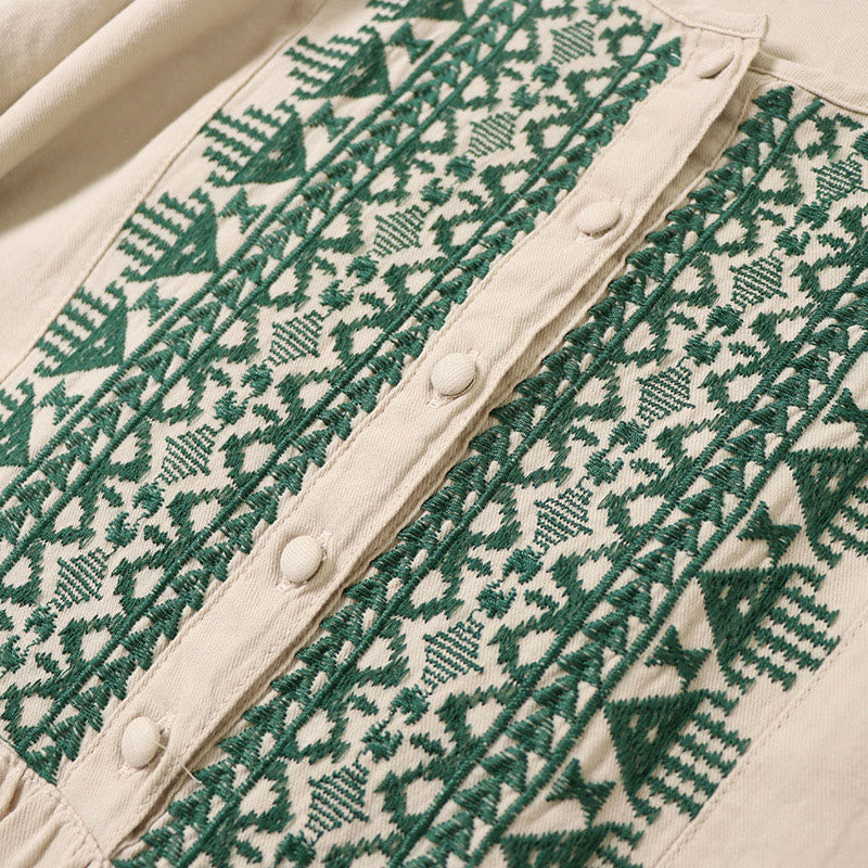 Nimara Ritual Casual Artistic Geometric Embroidery Button Front Long Lantern Sleeve Midi Dress