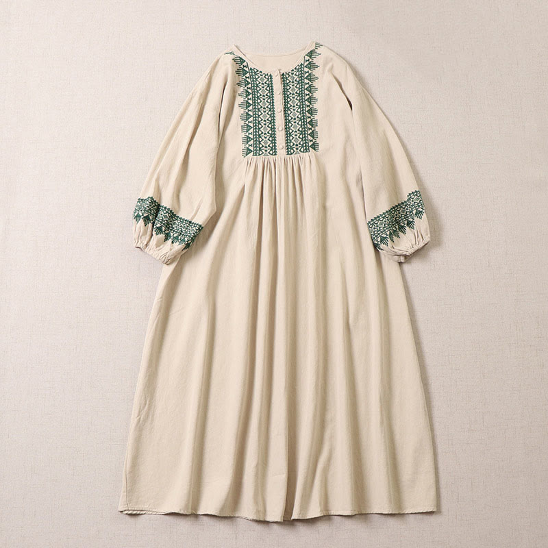 Nimara Ritual Casual Artistic Geometric Embroidery Button Front Long Lantern Sleeve Midi Dress