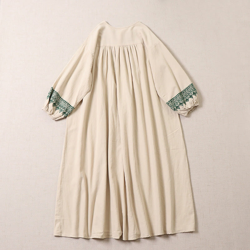 Nimara Ritual Casual Artistic Geometric Embroidery Button Front Long Lantern Sleeve Midi Dress