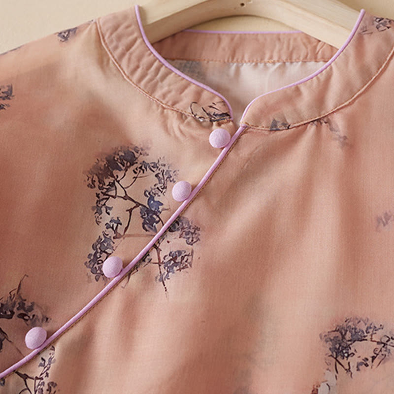 Nimara Ritual Summer Vintage Printing Floral Slanted Button Stand Collar Design Half Sleeve Cotton Cheongsam Midi Dress With Pockets