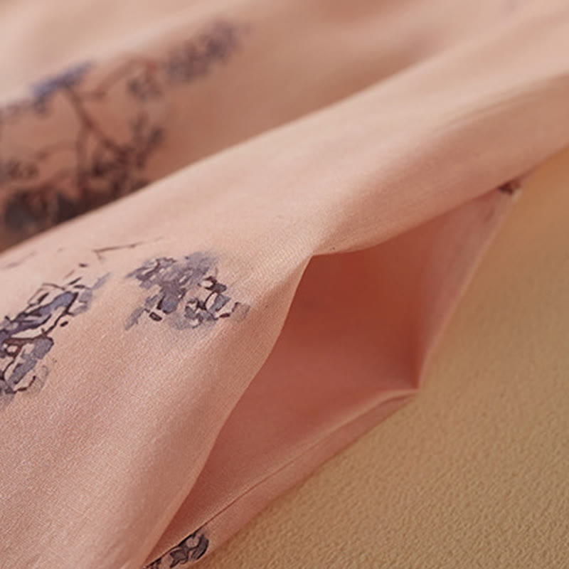 Nimara Ritual Summer Vintage Printing Floral Slanted Button Stand Collar Design Half Sleeve Cotton Cheongsam Midi Dress With Pockets