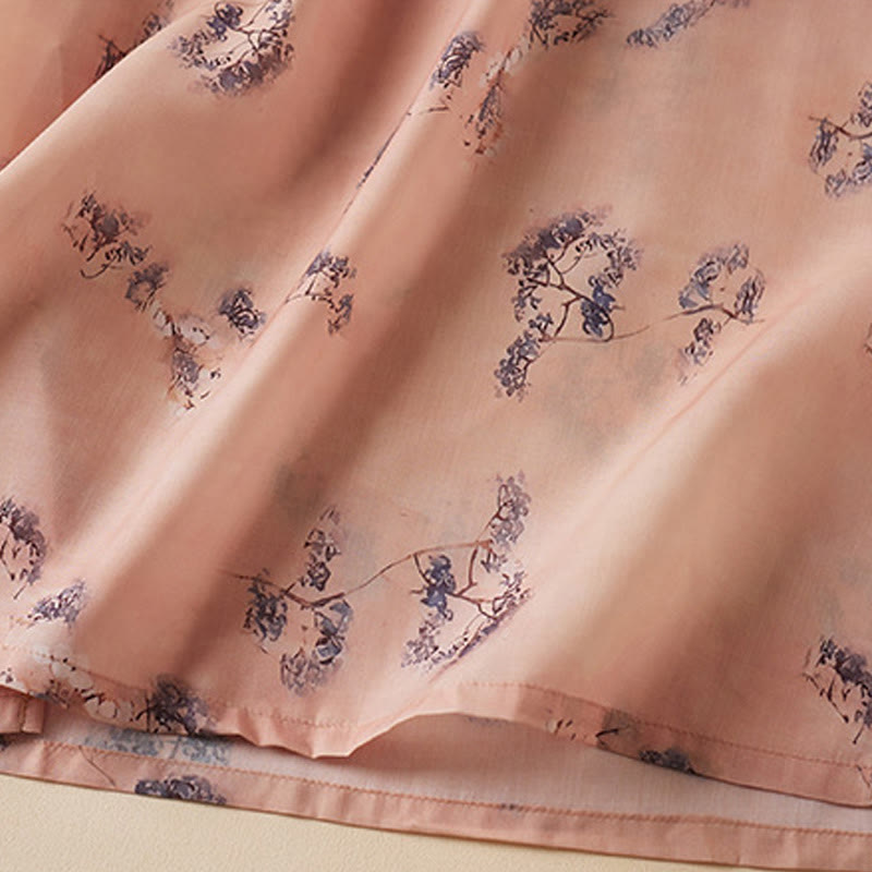 Nimara Ritual Summer Vintage Printing Floral Slanted Button Stand Collar Design Half Sleeve Cotton Cheongsam Midi Dress With Pockets