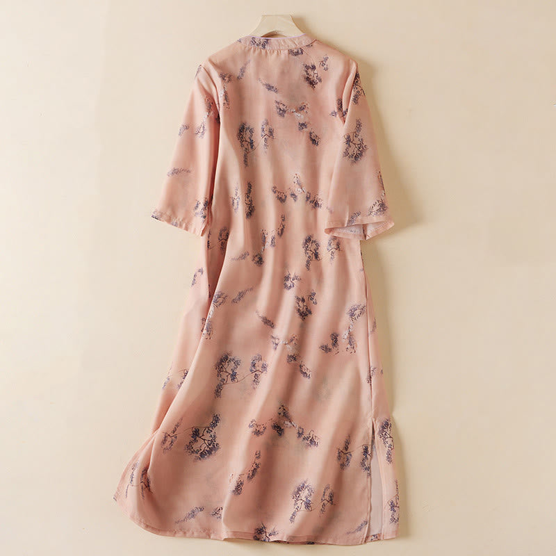 Nimara Ritual Summer Vintage Printing Floral Slanted Button Stand Collar Design Half Sleeve Cotton Cheongsam Midi Dress With Pockets