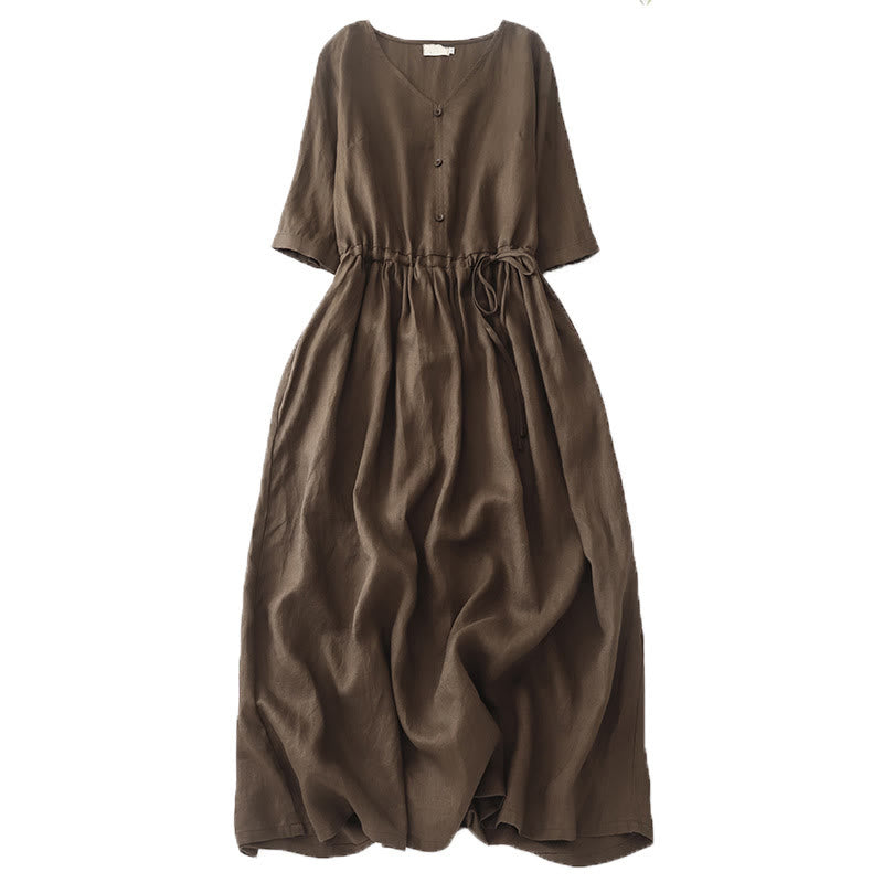 Nimara Ritual Vintage Casual Solid Color Pleat Drawstring Design Half Sleeve Cotton Midi Dress With Pockets