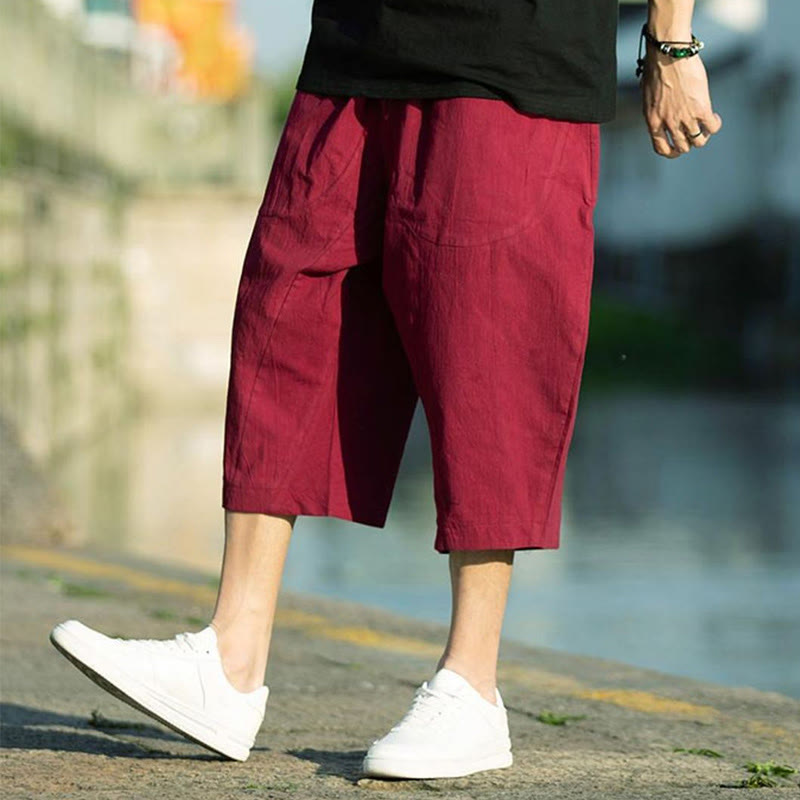Nimara Ritual Summer Plain Pleat Design Drawstring Men's 7-8 Length Pants With Pockets