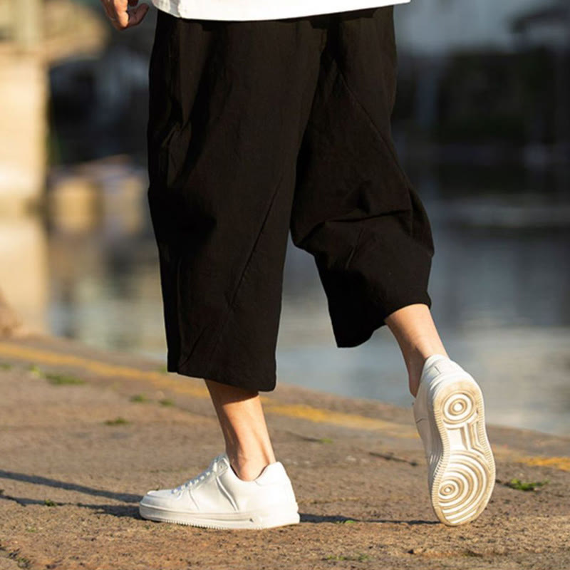 Nimara Ritual Summer Plain Pleat Design Drawstring Men's 7-8 Length Pants With Pockets