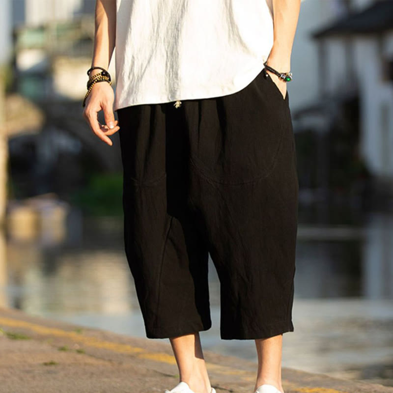 Nimara Ritual Summer Plain Pleat Design Drawstring Men's 7-8 Length Pants With Pockets