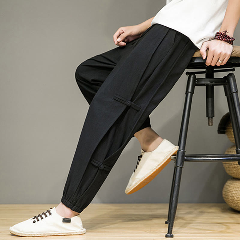Nimara Ritual Summer Vintage Drawstring Chinese Frog-Button Design Men's Cotton Linen Harem Pants With Pockets