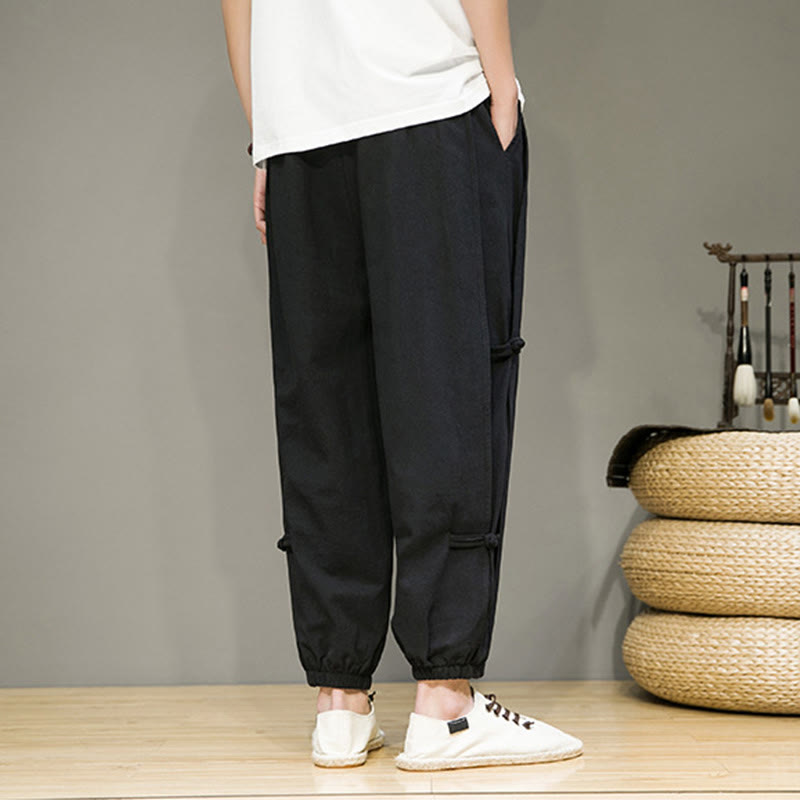 Nimara Ritual Summer Vintage Drawstring Chinese Frog-Button Design Men's Cotton Linen Harem Pants With Pockets