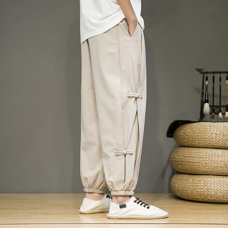Nimara Ritual Summer Vintage Drawstring Chinese Frog-Button Design Men's Cotton Linen Harem Pants With Pockets