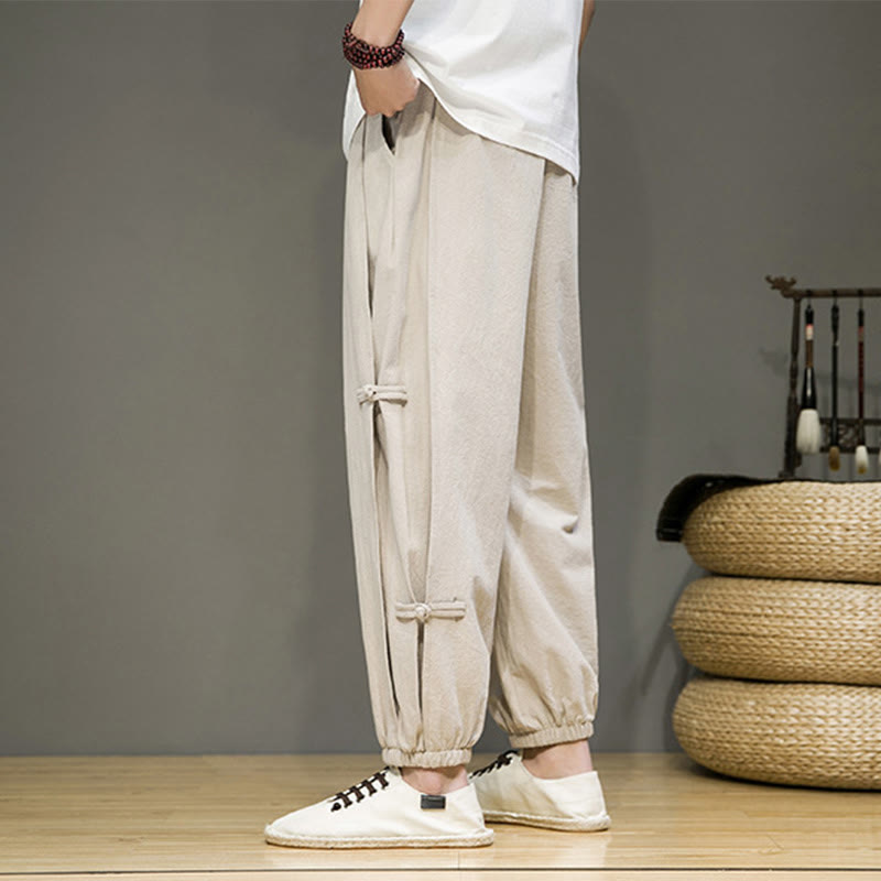 Nimara Ritual Summer Vintage Drawstring Chinese Frog-Button Design Men's Cotton Linen Harem Pants With Pockets