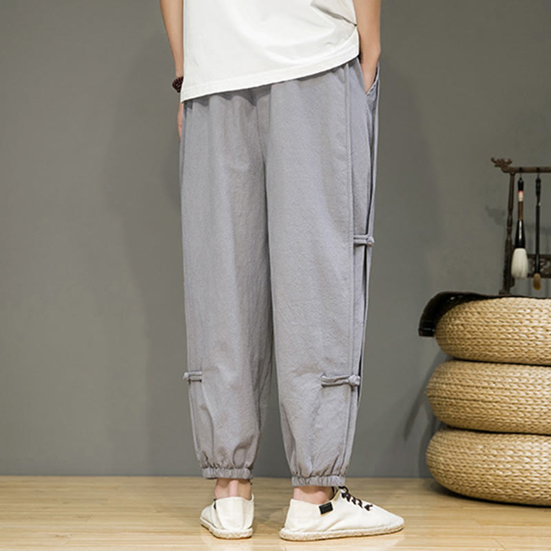 Nimara Ritual Summer Vintage Drawstring Chinese Frog-Button Design Men's Cotton Linen Harem Pants With Pockets