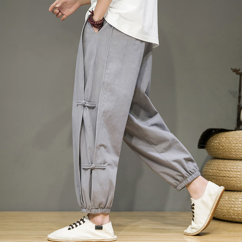 Nimara Ritual Summer Vintage Drawstring Chinese Frog-Button Design Men's Cotton Linen Harem Pants With Pockets