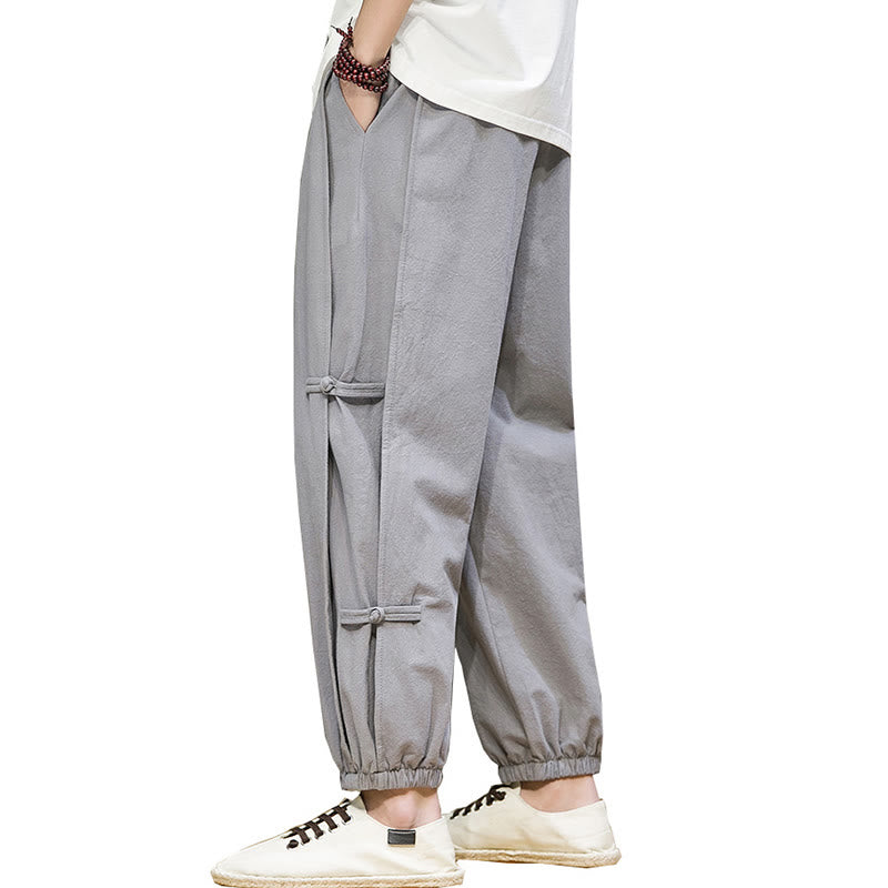 Nimara Ritual Summer Vintage Drawstring Chinese Frog-Button Design Men's Cotton Linen Harem Pants With Pockets