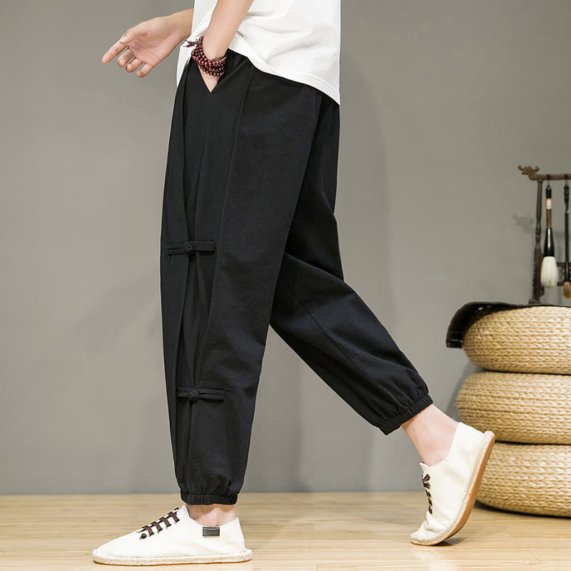 Nimara Ritual Summer Vintage Drawstring Chinese Frog-Button Design Men's Cotton Linen Harem Pants With Pockets