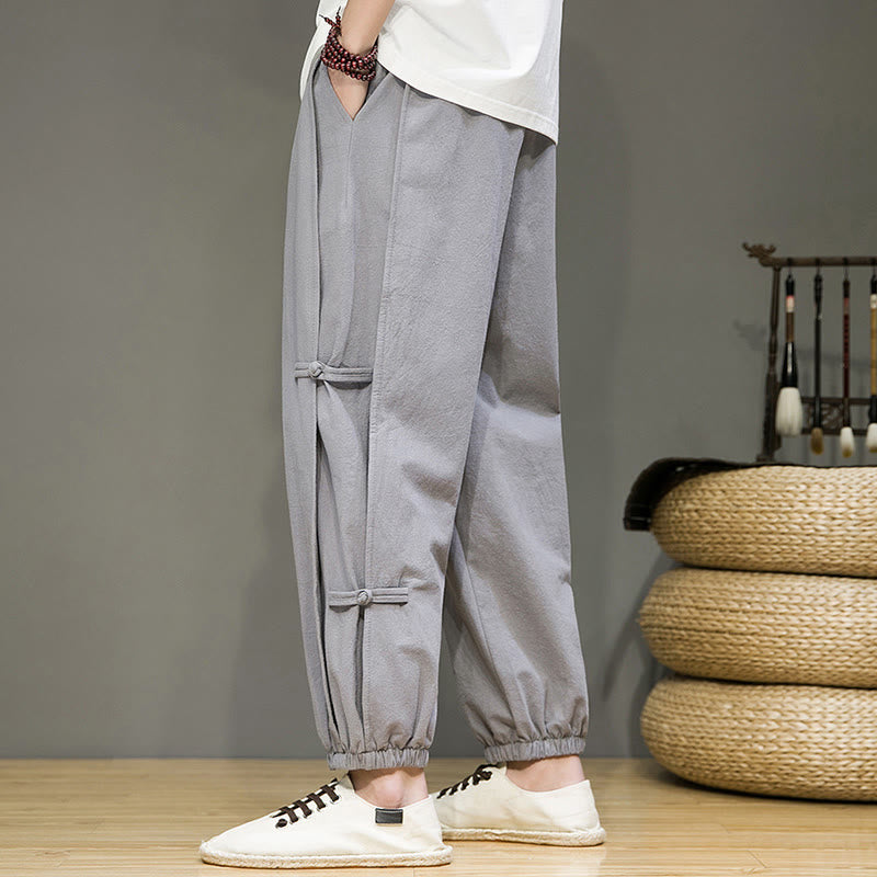 Nimara Ritual Summer Vintage Drawstring Chinese Frog-Button Design Men's Cotton Linen Harem Pants With Pockets