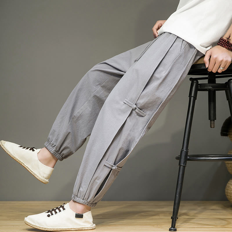 Nimara Ritual Summer Vintage Drawstring Chinese Frog-Button Design Men's Cotton Linen Harem Pants With Pockets