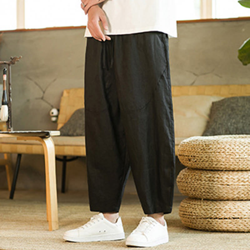 Nimara Ritual Casual Retro Solid Color Simple Design Drawstring Men's Linen Elastic Waistband Harem Pants With Pockets