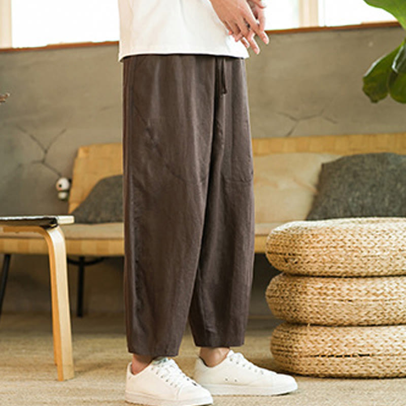 Nimara Ritual Casual Retro Solid Color Simple Design Drawstring Men's Linen Elastic Waistband Harem Pants With Pockets