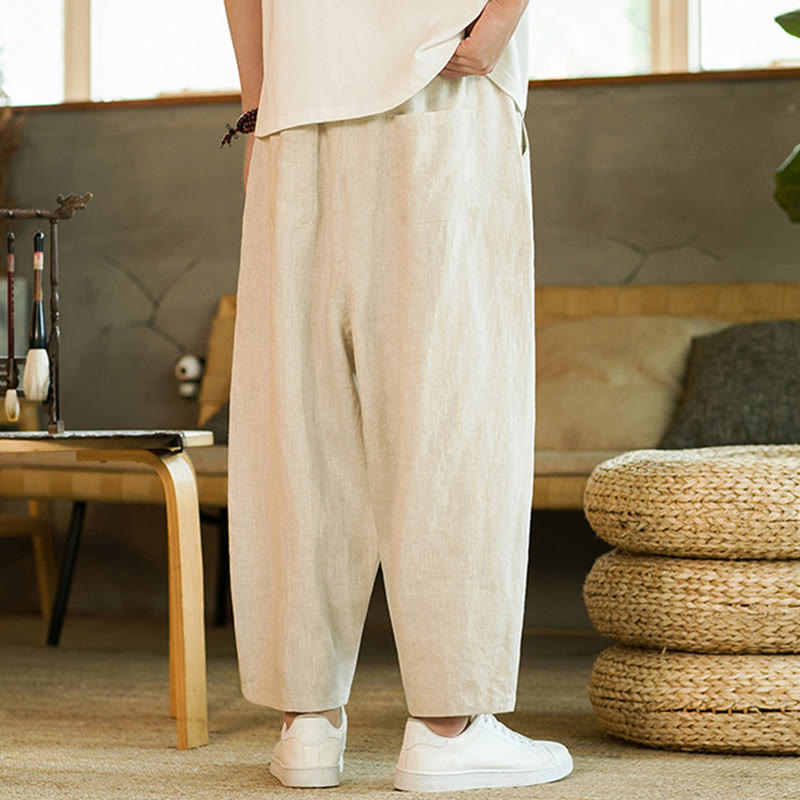 Nimara Ritual Casual Retro Solid Color Simple Design Drawstring Men's Linen Elastic Waistband Harem Pants With Pockets
