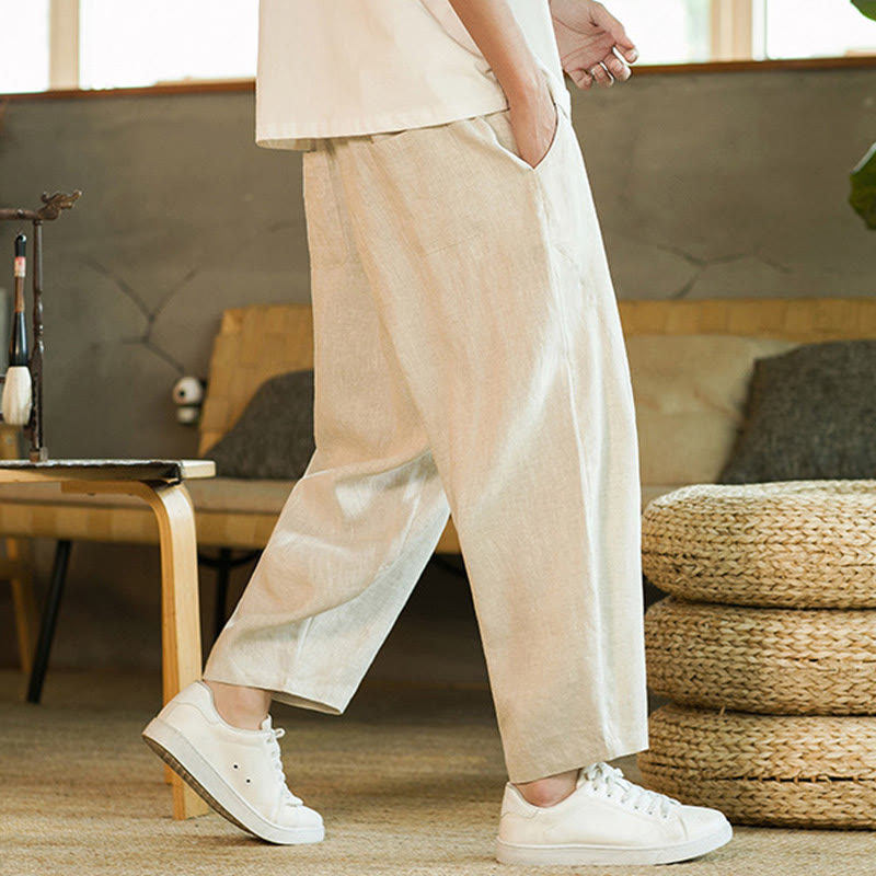 Nimara Ritual Casual Retro Solid Color Simple Design Drawstring Men's Linen Elastic Waistband Harem Pants With Pockets