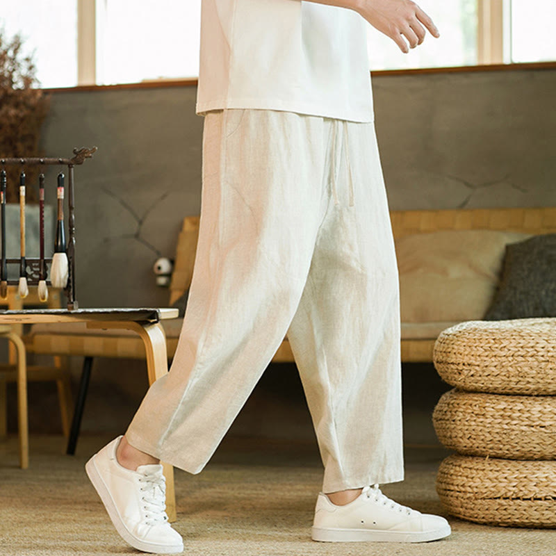 Nimara Ritual Casual Retro Solid Color Simple Design Drawstring Men's Linen Elastic Waistband Harem Pants With Pockets