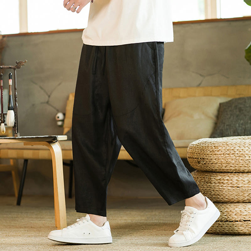 Nimara Ritual Casual Retro Solid Color Simple Design Drawstring Men's Linen Elastic Waistband Harem Pants With Pockets