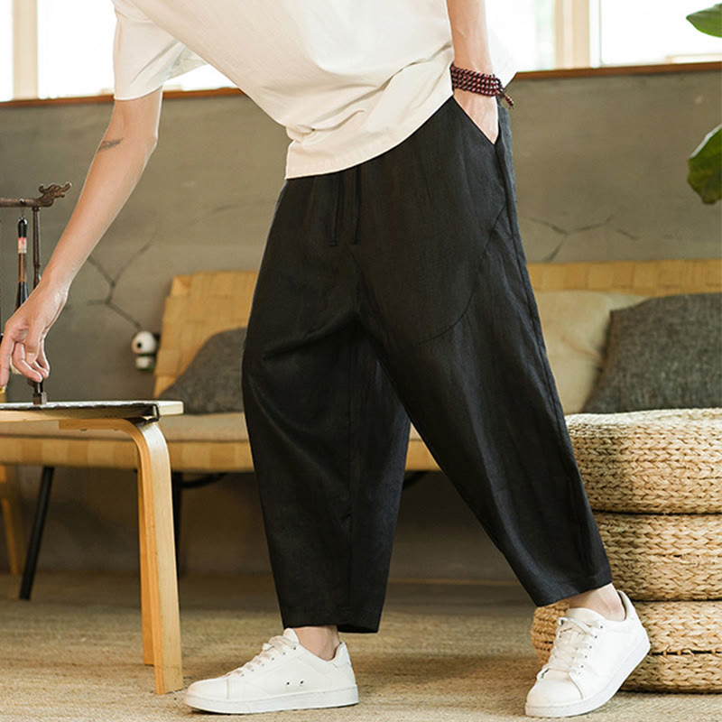 Nimara Ritual Casual Retro Solid Color Simple Design Drawstring Men's Linen Elastic Waistband Harem Pants With Pockets