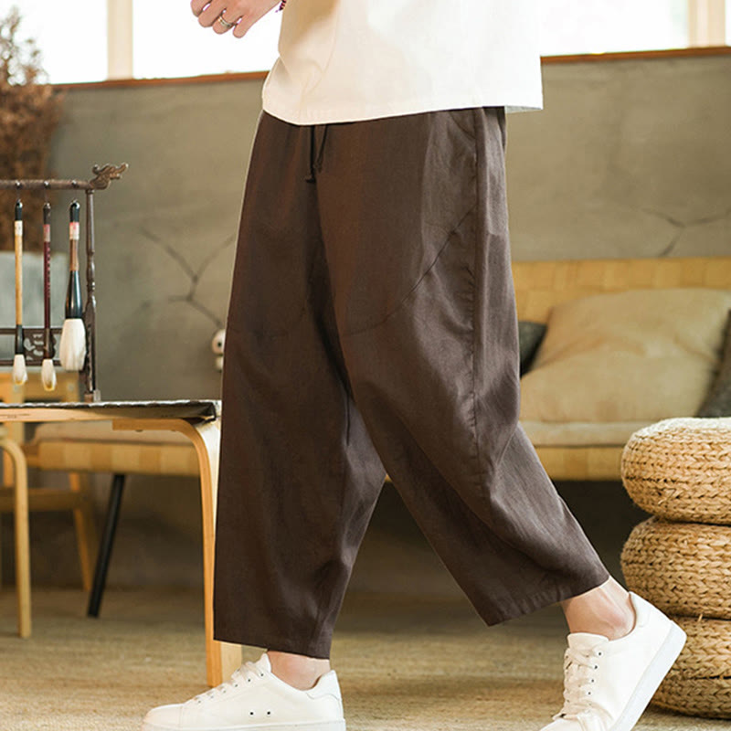 Nimara Ritual Casual Retro Solid Color Simple Design Drawstring Men's Linen Elastic Waistband Harem Pants With Pockets