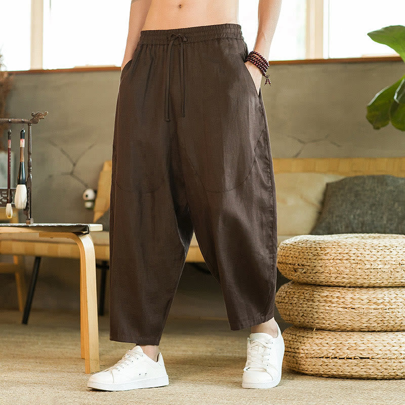 Nimara Ritual Casual Retro Solid Color Simple Design Drawstring Men's Linen Elastic Waistband Harem Pants With Pockets