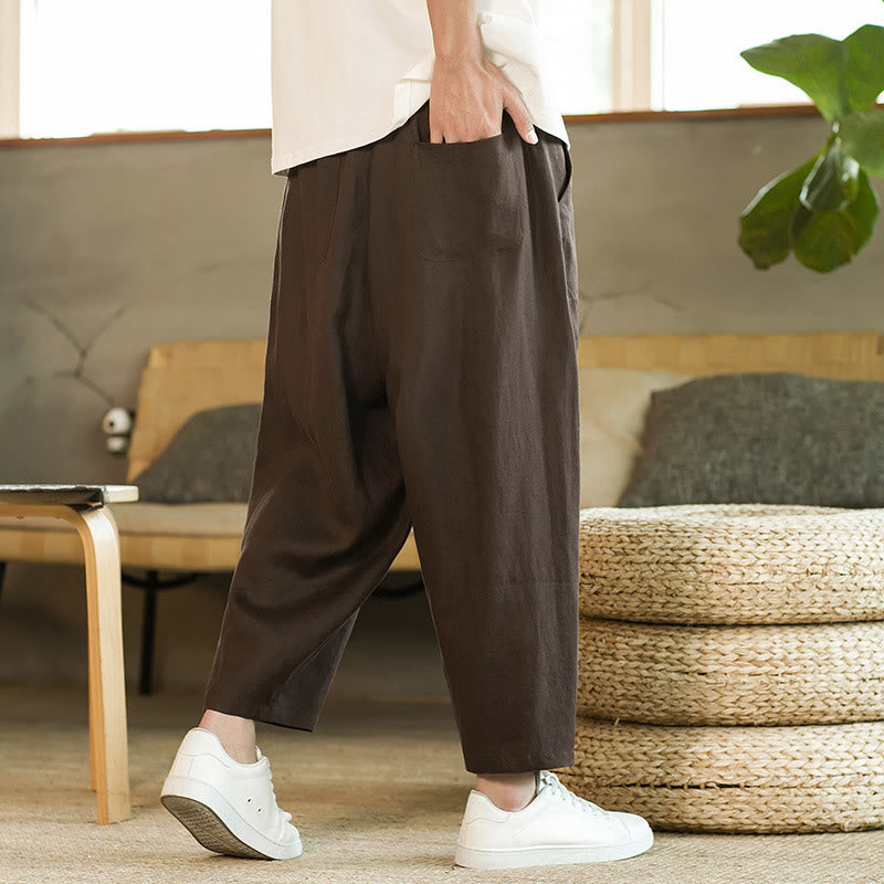 Nimara Ritual Casual Retro Solid Color Simple Design Drawstring Men's Linen Elastic Waistband Harem Pants With Pockets
