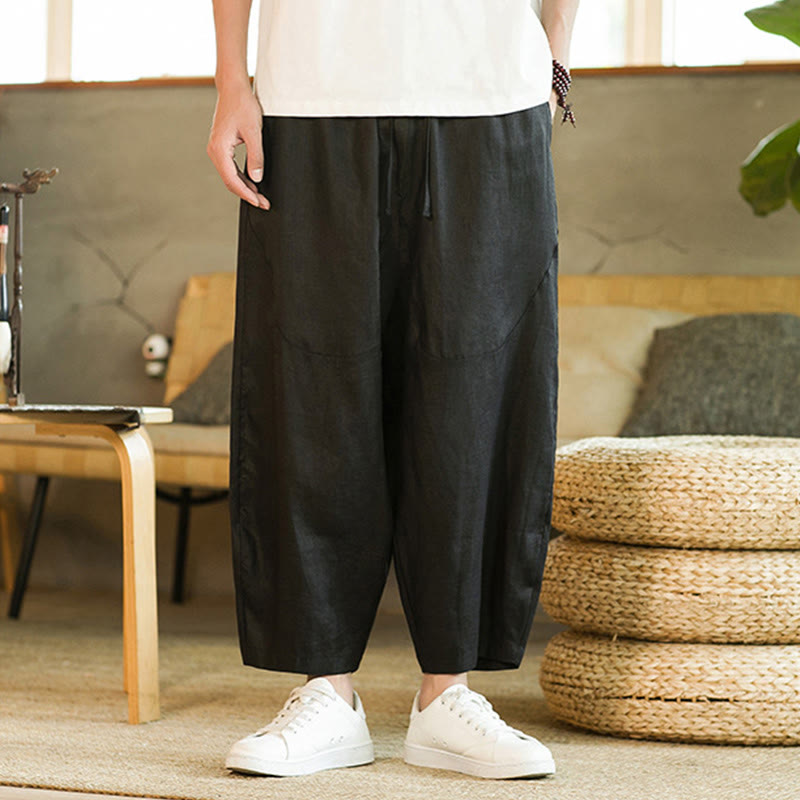 Nimara Ritual Casual Retro Solid Color Simple Design Drawstring Men's Linen Elastic Waistband Harem Pants With Pockets