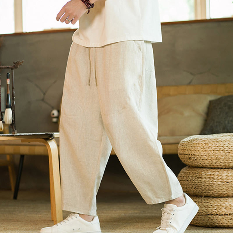 Nimara Ritual Casual Retro Solid Color Simple Design Drawstring Men's Linen Elastic Waistband Harem Pants With Pockets