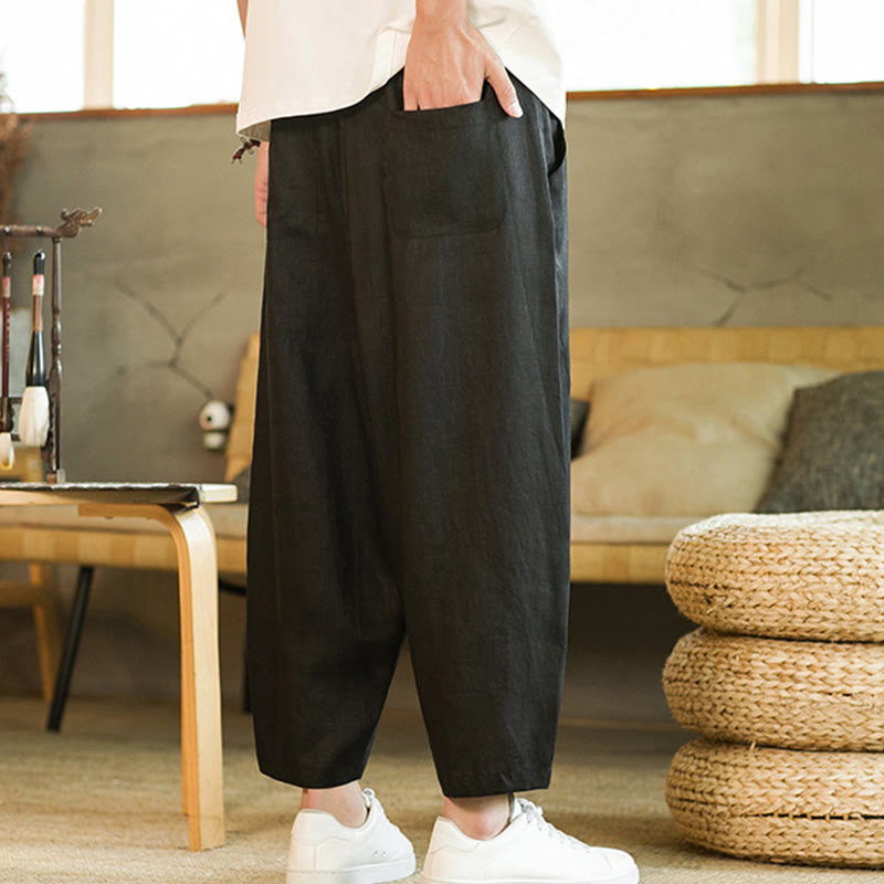 Nimara Ritual Casual Retro Solid Color Simple Design Drawstring Men's Linen Elastic Waistband Harem Pants With Pockets