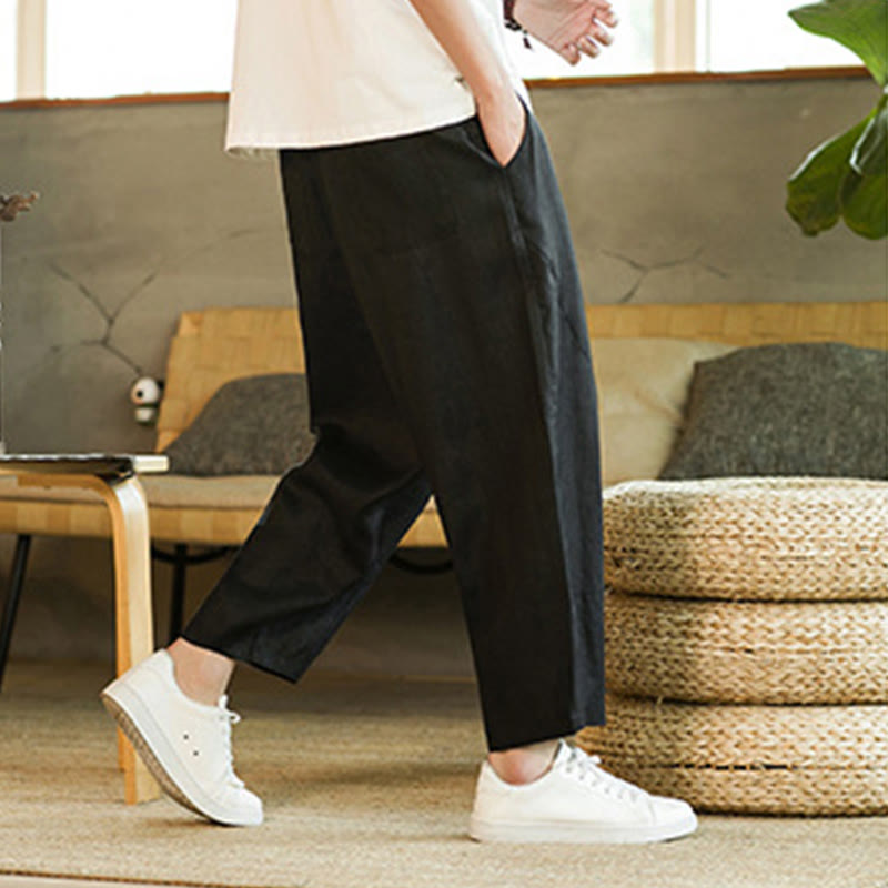 Nimara Ritual Casual Retro Solid Color Simple Design Drawstring Men's Linen Elastic Waistband Harem Pants With Pockets