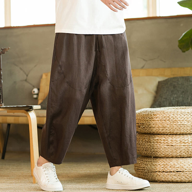 Nimara Ritual Casual Retro Solid Color Simple Design Drawstring Men's Linen Elastic Waistband Harem Pants With Pockets