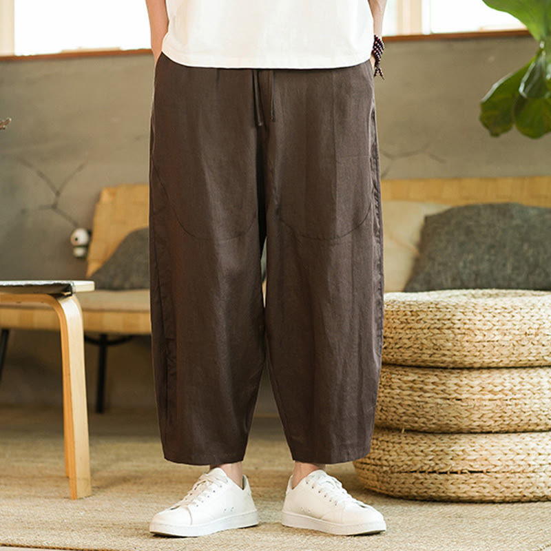Nimara Ritual Casual Retro Solid Color Simple Design Drawstring Men's Linen Elastic Waistband Harem Pants With Pockets