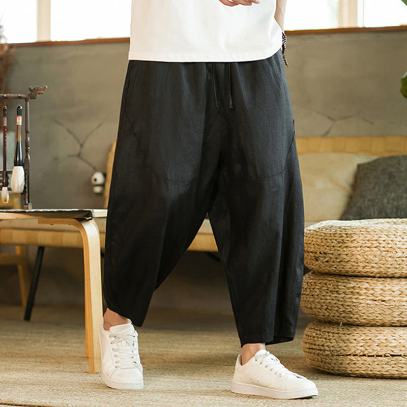 Nimara Ritual Casual Retro Solid Color Simple Design Drawstring Men's Linen Elastic Waistband Harem Pants With Pockets