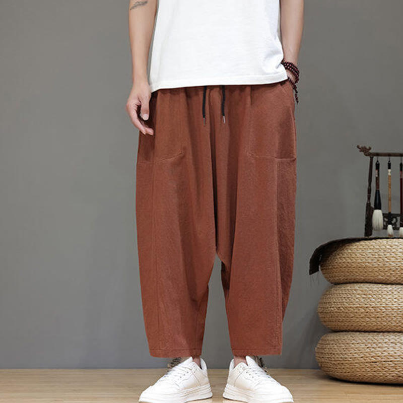 Nimara Ritual Casual Plain Low Crotch Design Drawstring Men's Cotton Elastic Waistband Wide Leg Pants With Pockets