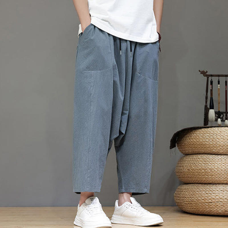 Nimara Ritual Casual Plain Low Crotch Design Drawstring Men's Cotton Elastic Waistband Wide Leg Pants With Pockets